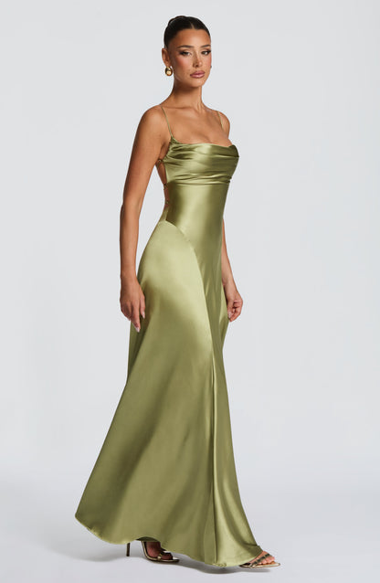 Women cowl maxi dress, side view