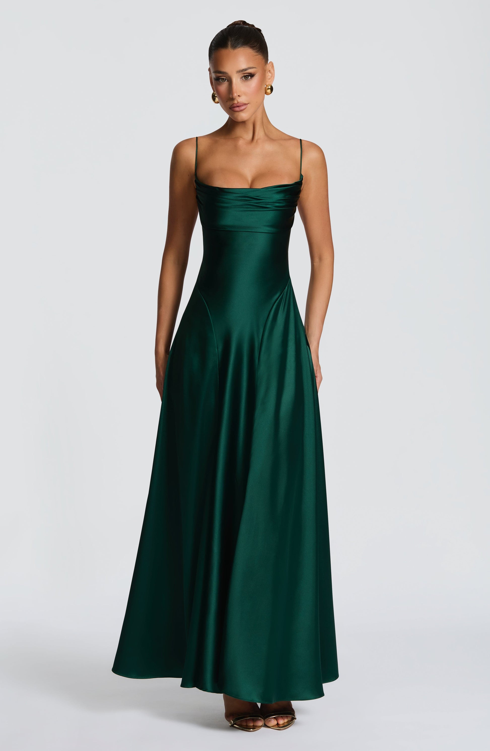 Women cowl maxi dress, side view