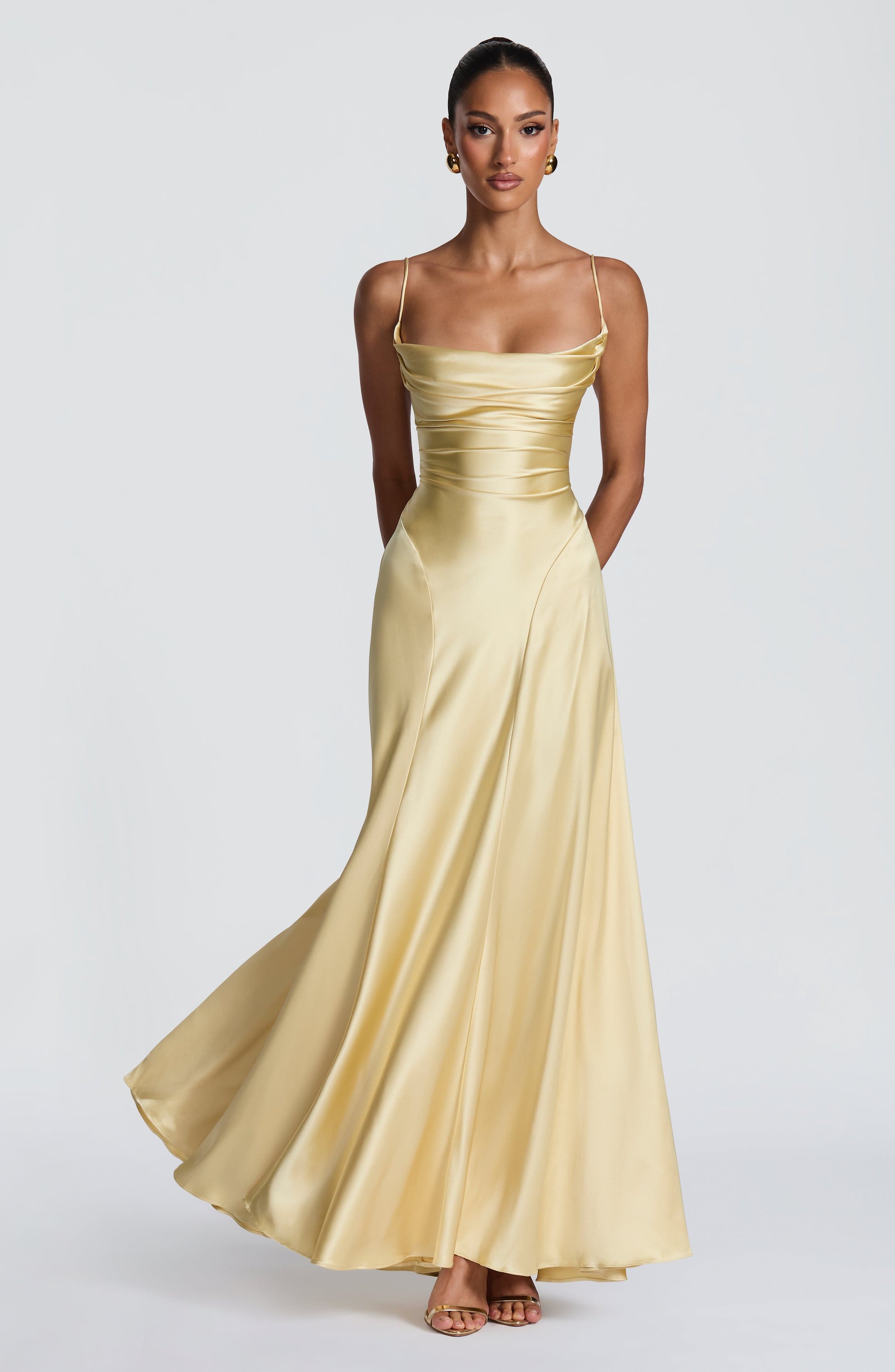 Women cowl maxi dress, side view