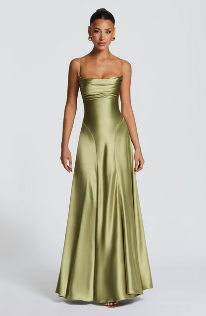 Women cowl maxi dress, side view