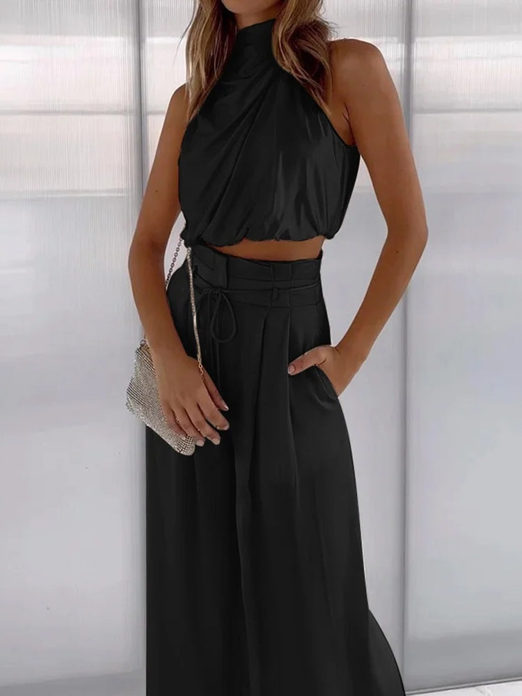 Sloane Satin Halter Set in Black