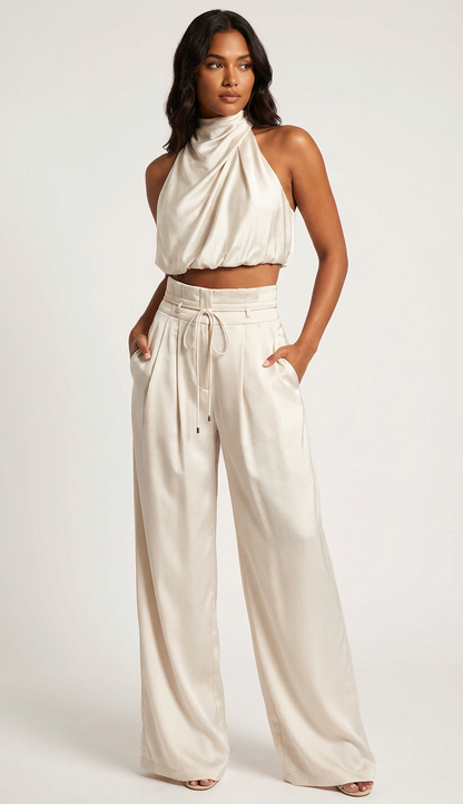 Sloane Satin Halter Set in Black