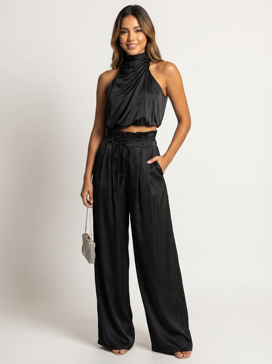 Sloane Satin Halter Set in Black