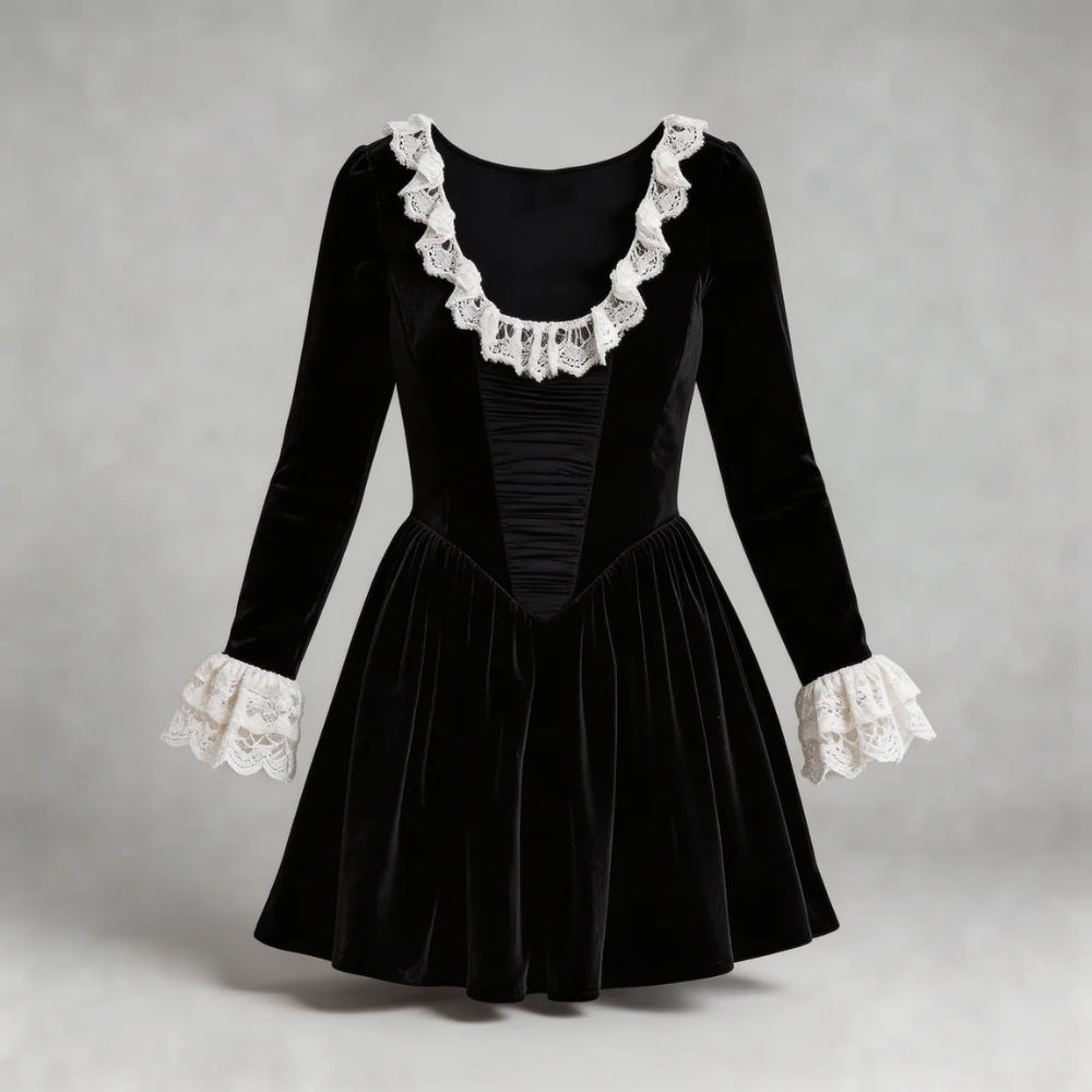 Close-up of black velvet mini dress showing rich texture, lace neckline trim, and ruched bodice design.