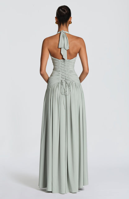 Women halter maxi dress, side view