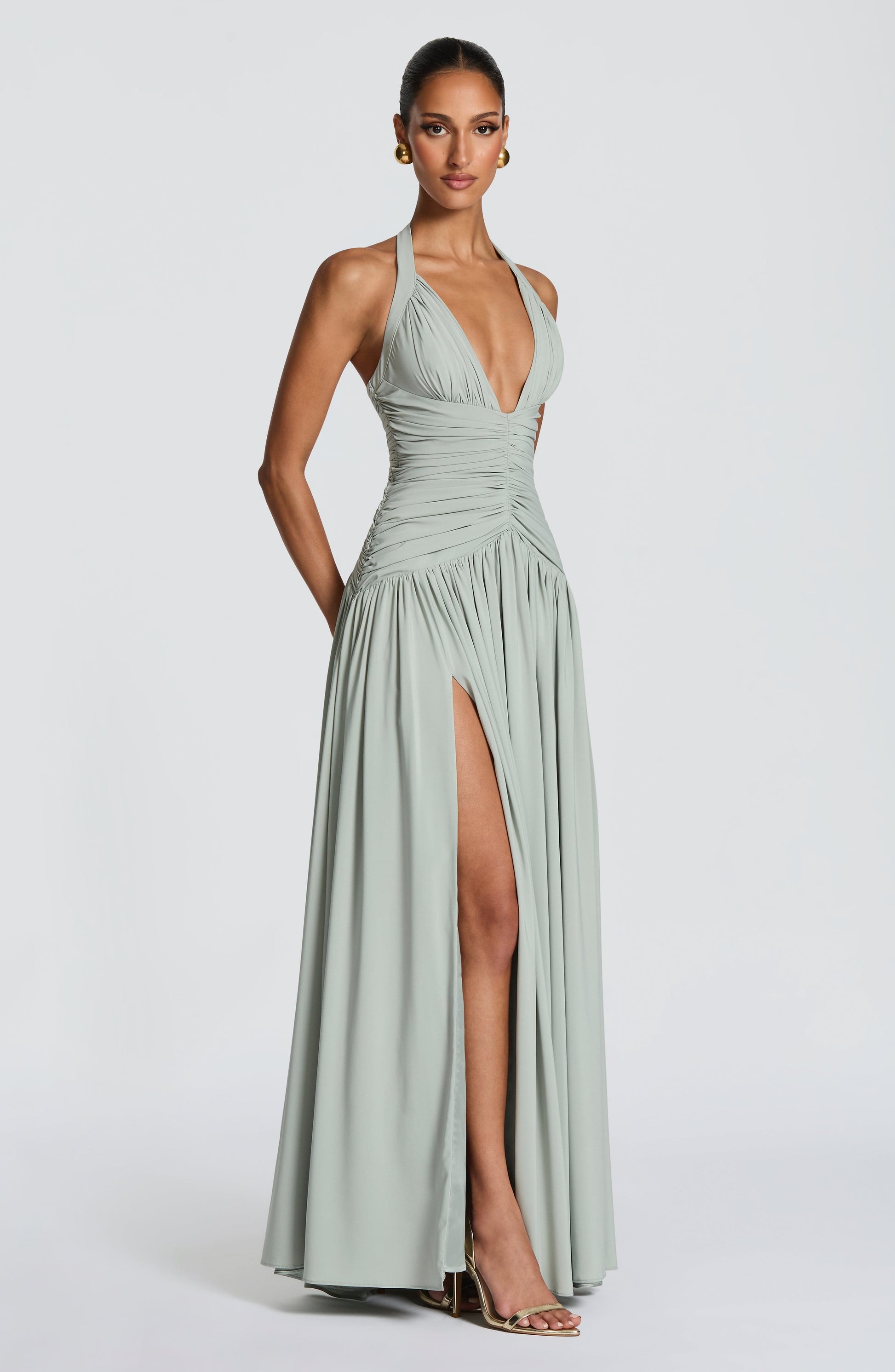 Women halter maxi dress, back view