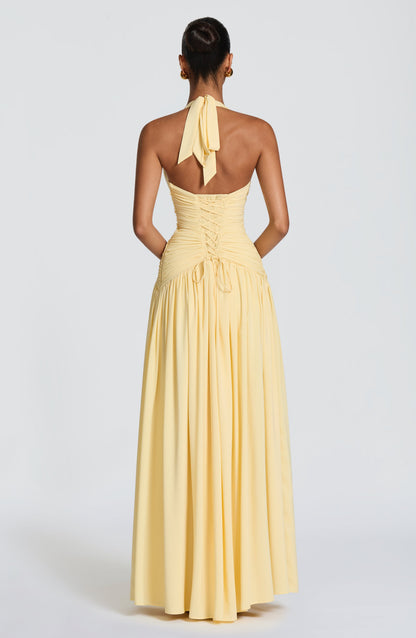 Women halter maxi dress, back view