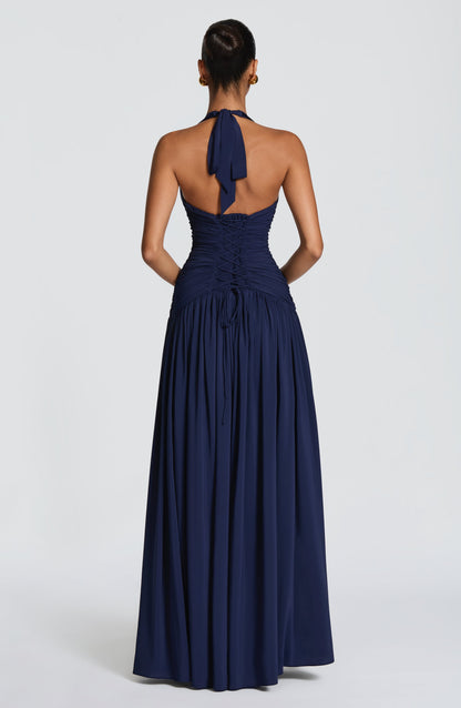 Women navy halter maxi dress, back view