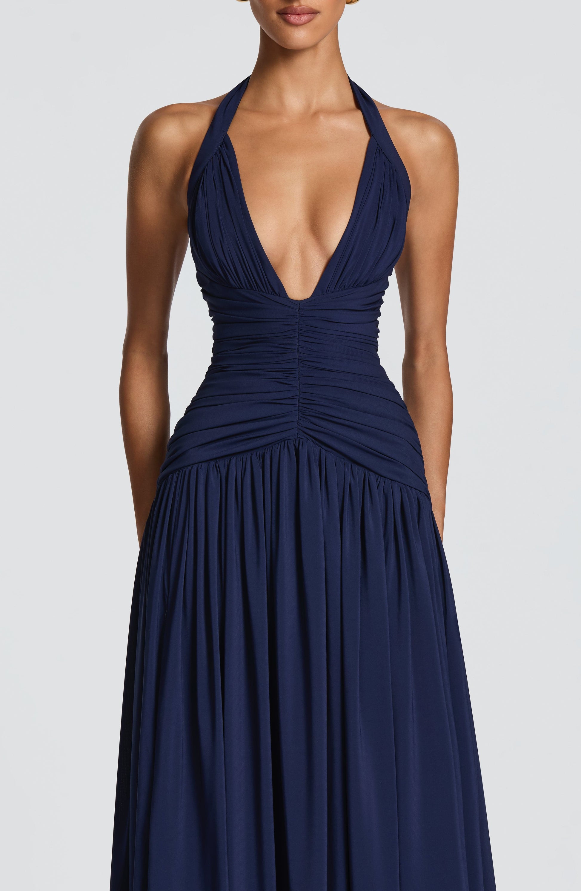 Women navy halter maxi dress, detail close-up