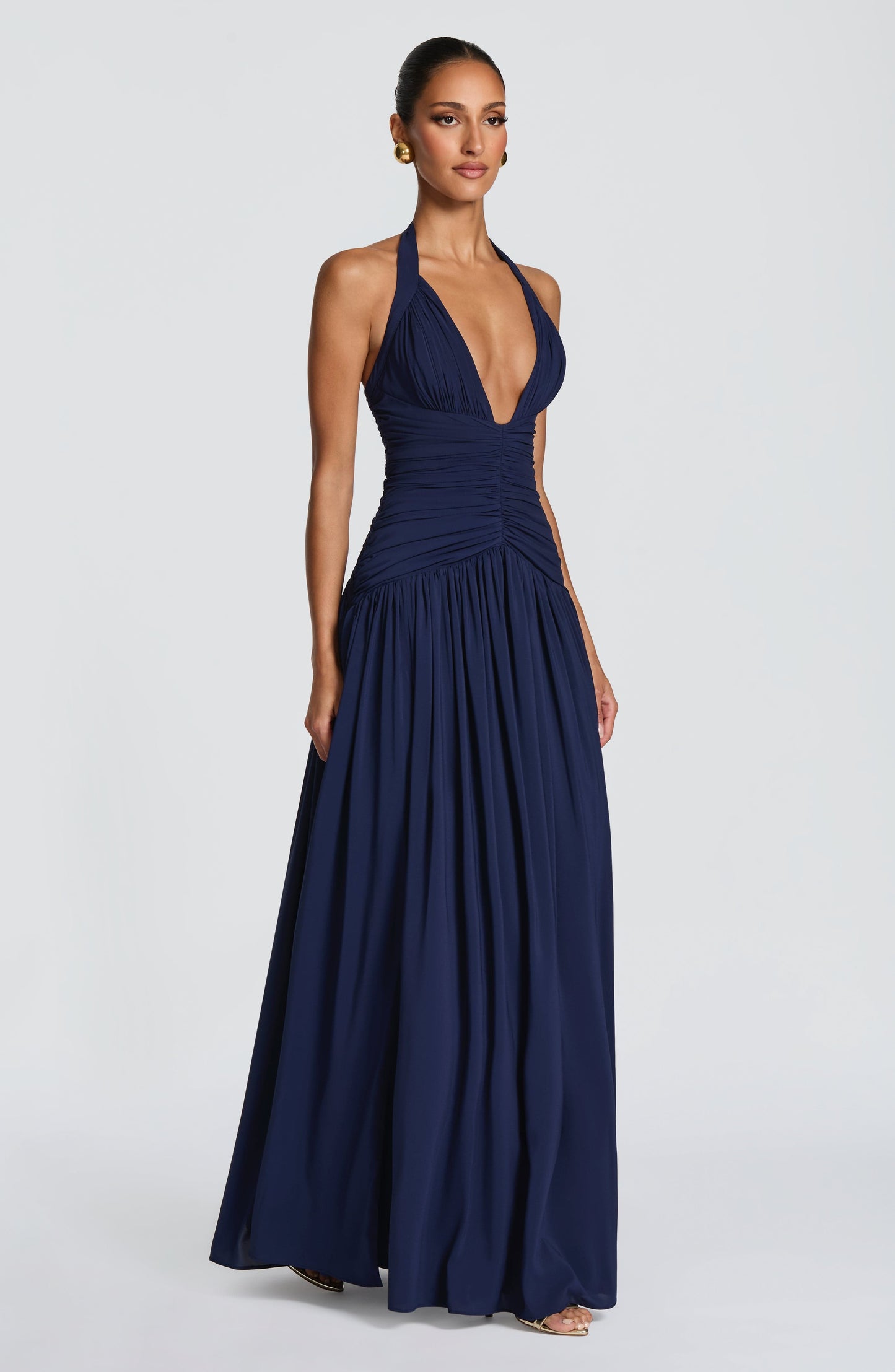 Women navy halter maxi dress, front view