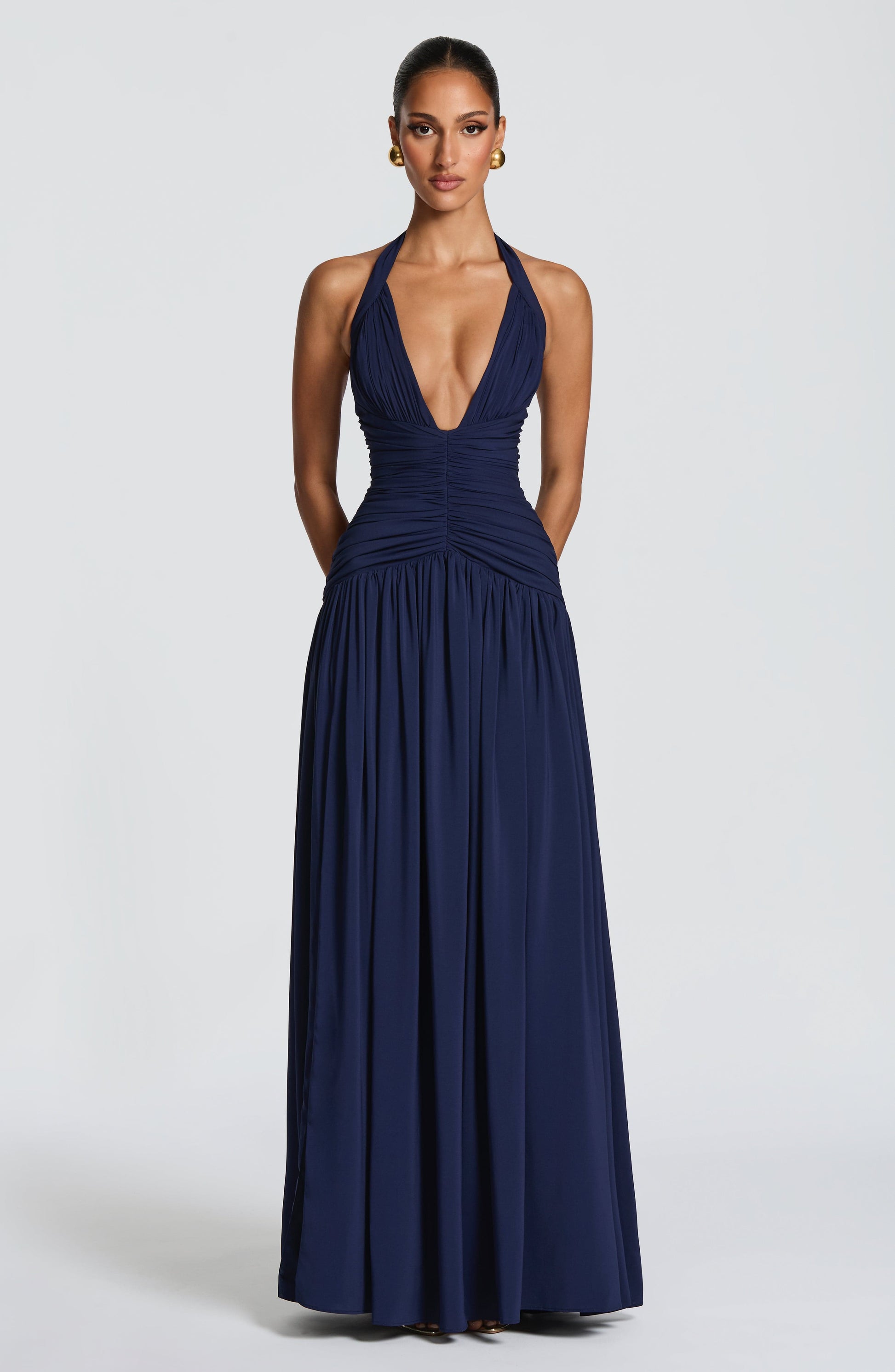 Women navy halter maxi dress, back view