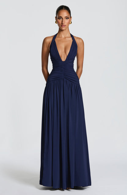 Women navy halter maxi dress, back view