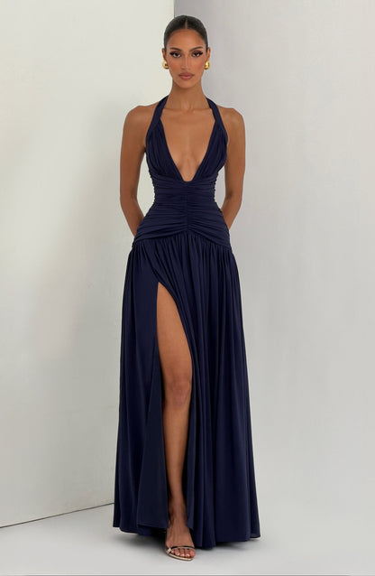 Women navy halter maxi dress, side view
