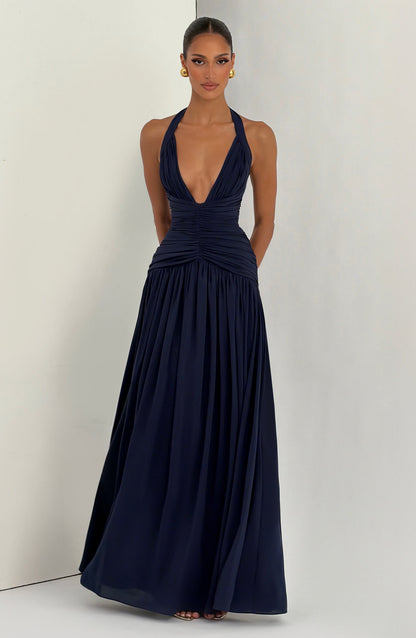 Women navy halter maxi dress, detail close-up