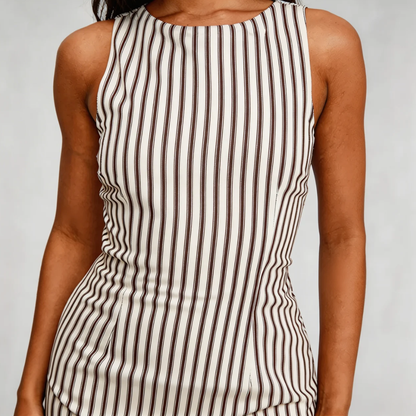 Close-up of the fabric and pattern of the white mini dress, showing vertical brown stripes and the high neckline.
