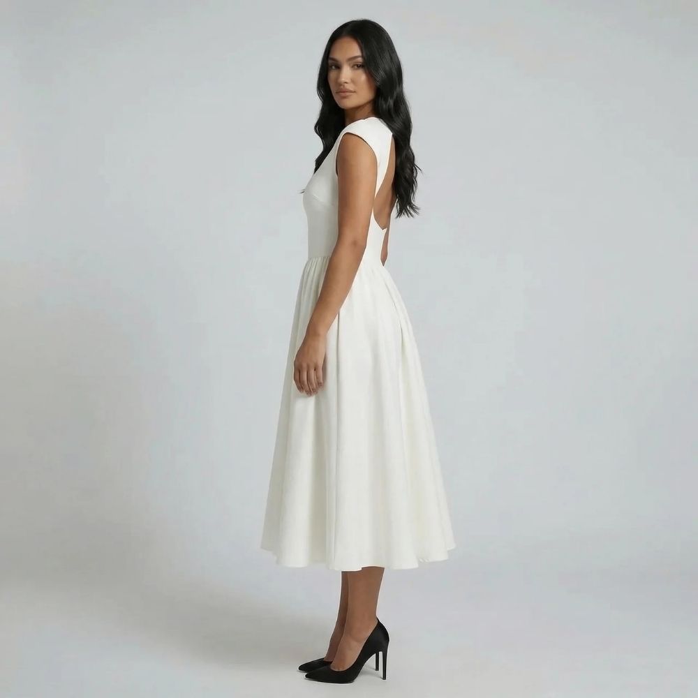 Ivory pleated fit-and-flare midi dress — side view showcasing cap sleeves and full skirt volume.