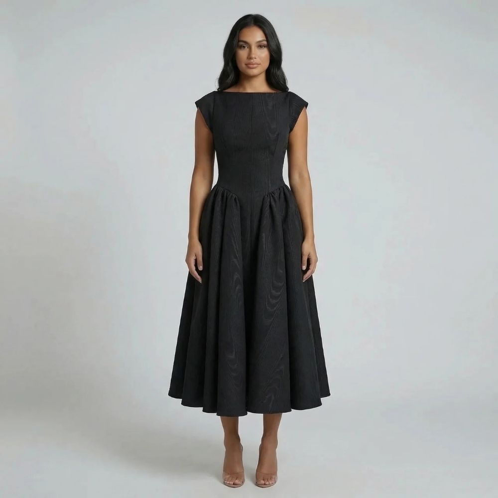 Black pleated fit-and-flare midi dress with boat neckline — front view highlighting sleek structured style.