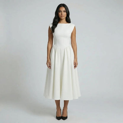 Ivory pleated fit-and-flare midi dress with boat neckline — front view showing structured bodice.