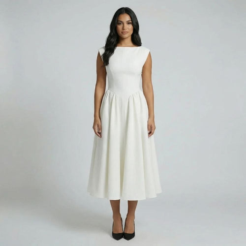 Ivory pleated fit-and-flare midi dress with boat neckline — front view showing structured bodice.