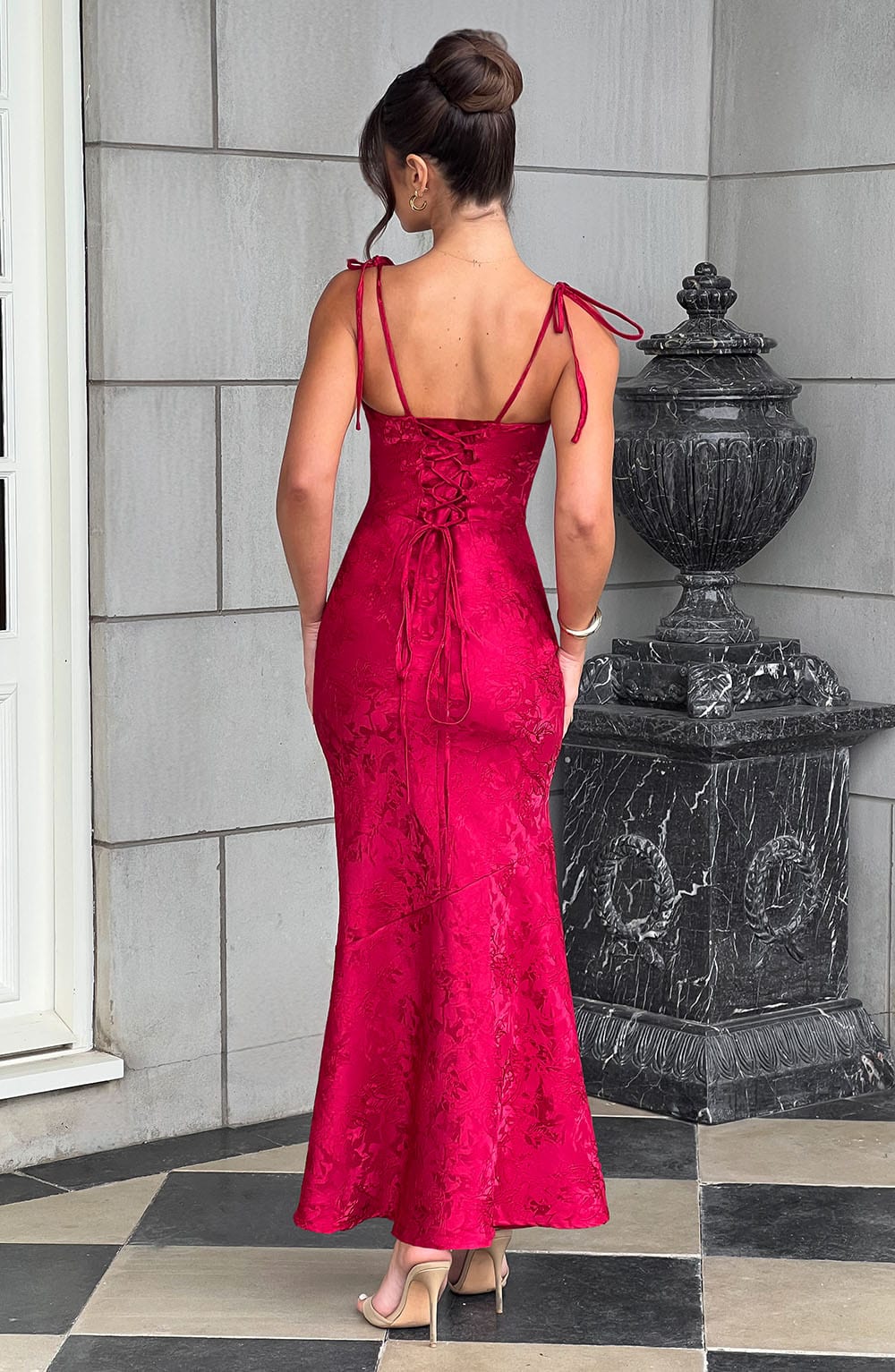 Women red cowl floral maxi dress, back view