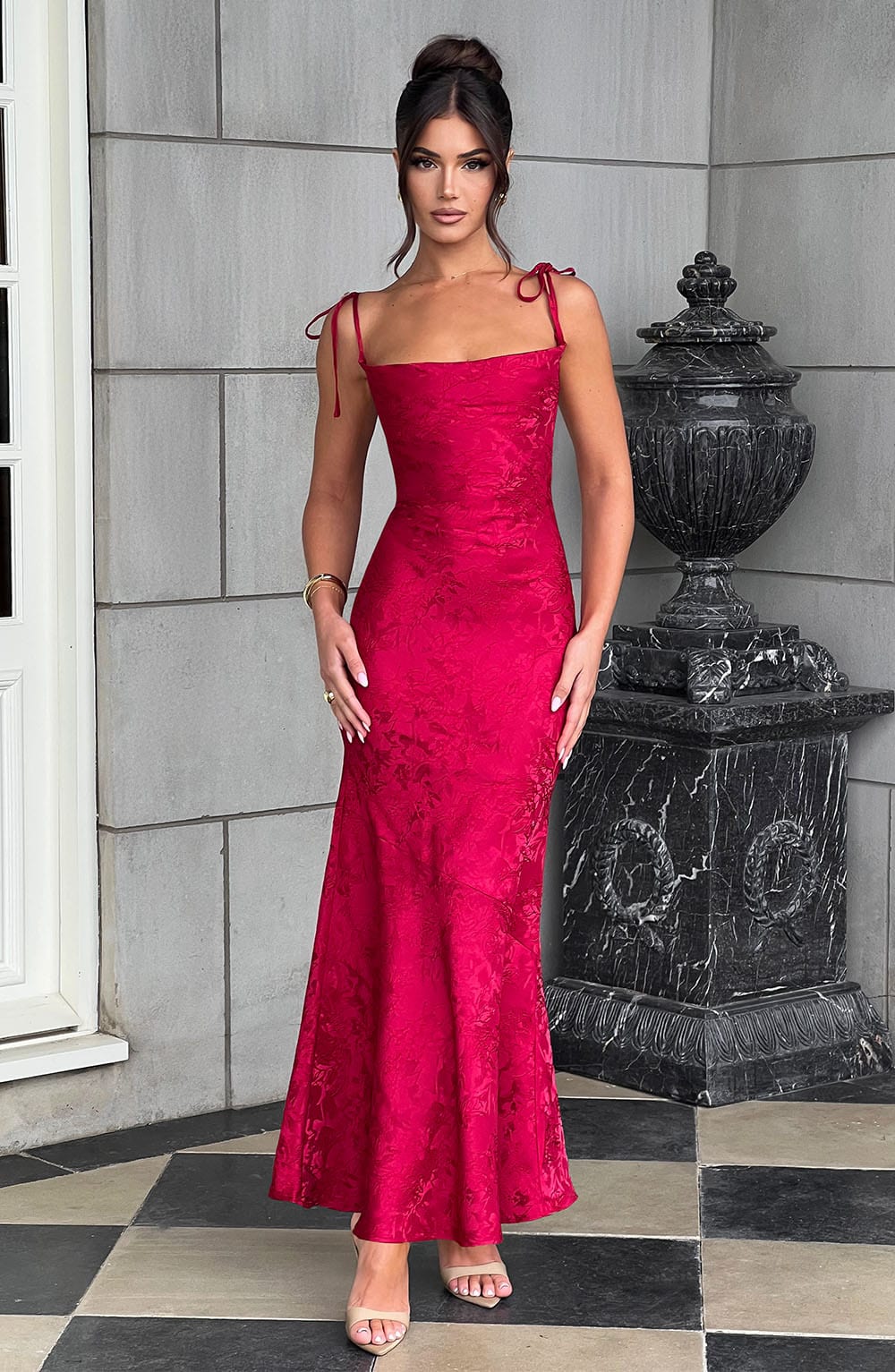 Women red cowl floral maxi dress, side view