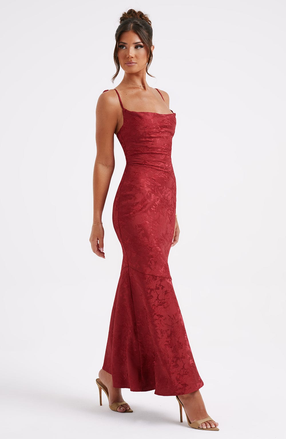 Women red cowl floral maxi dress, detail close-up