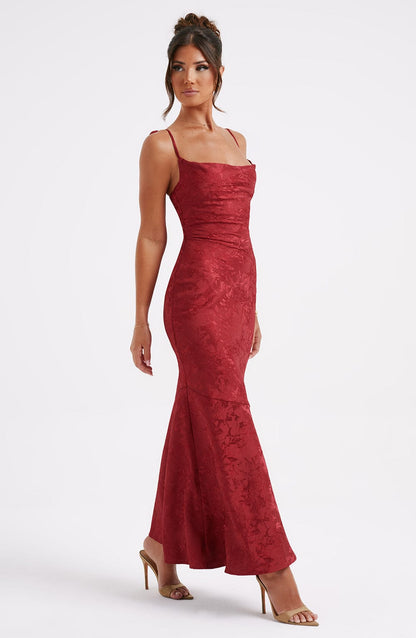 Women red cowl floral maxi dress, detail close-up