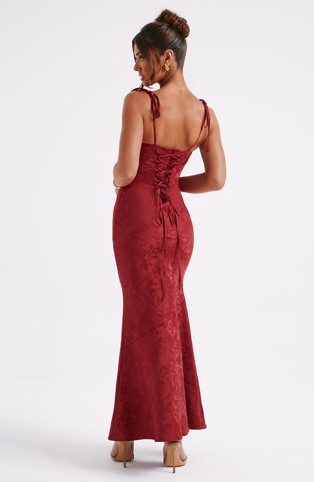 Women red cowl floral maxi dress, front view