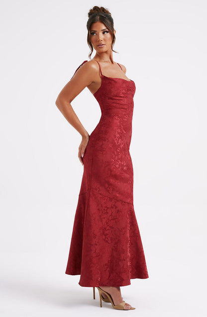 Women red cowl floral maxi dress, back view