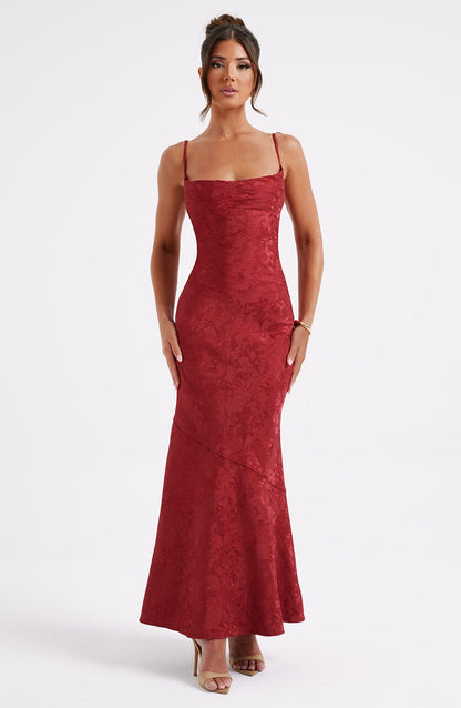 Women red cowl floral maxi dress, side view