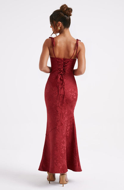 Women red cowl floral maxi dress, detail close-up