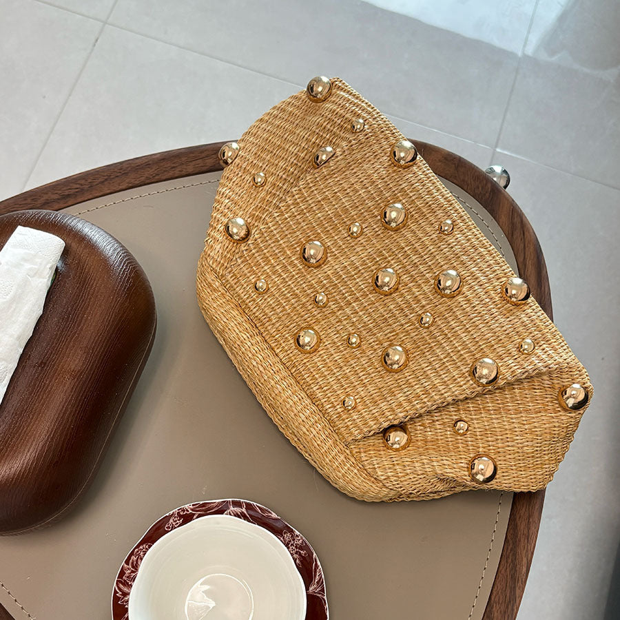 Sylvie Woven Studded Clutch in Green