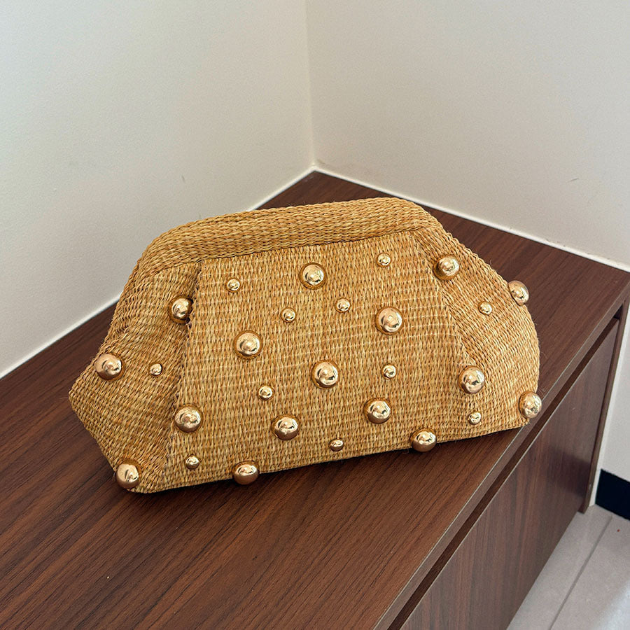 Sylvie Woven Studded Clutch in Green