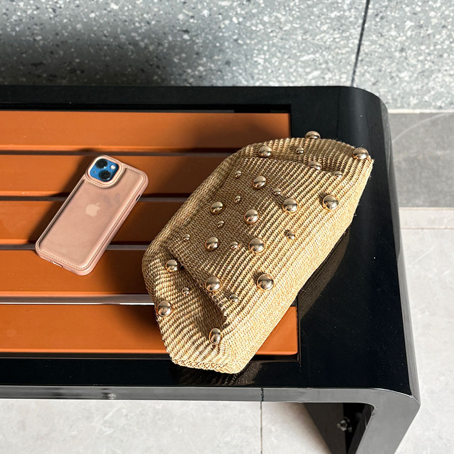 Sylvie Woven Studded Clutch in Green