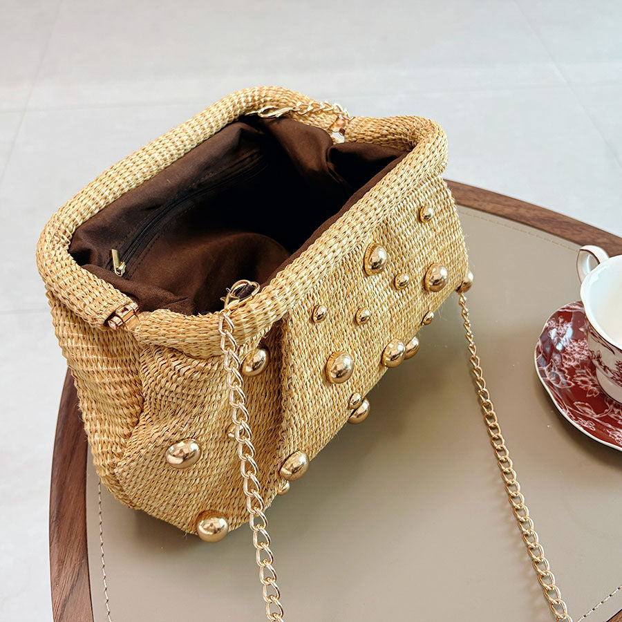 Sylvie Woven Studded Clutch in Green