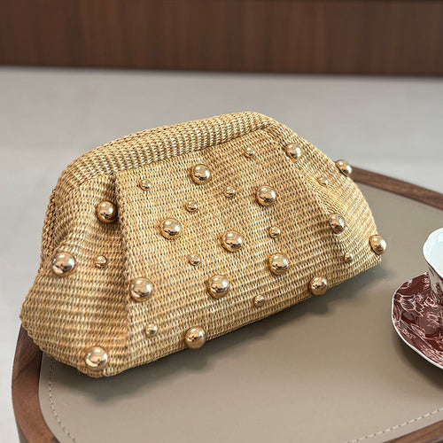 Sylvie Woven Studded Clutch in Green
