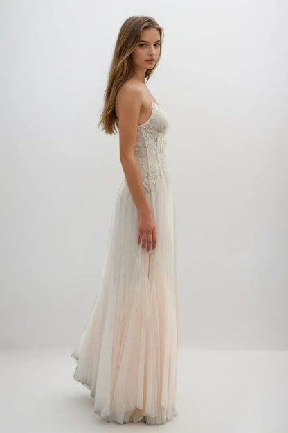 Tabitha Lace Maxi Dress in Beige
