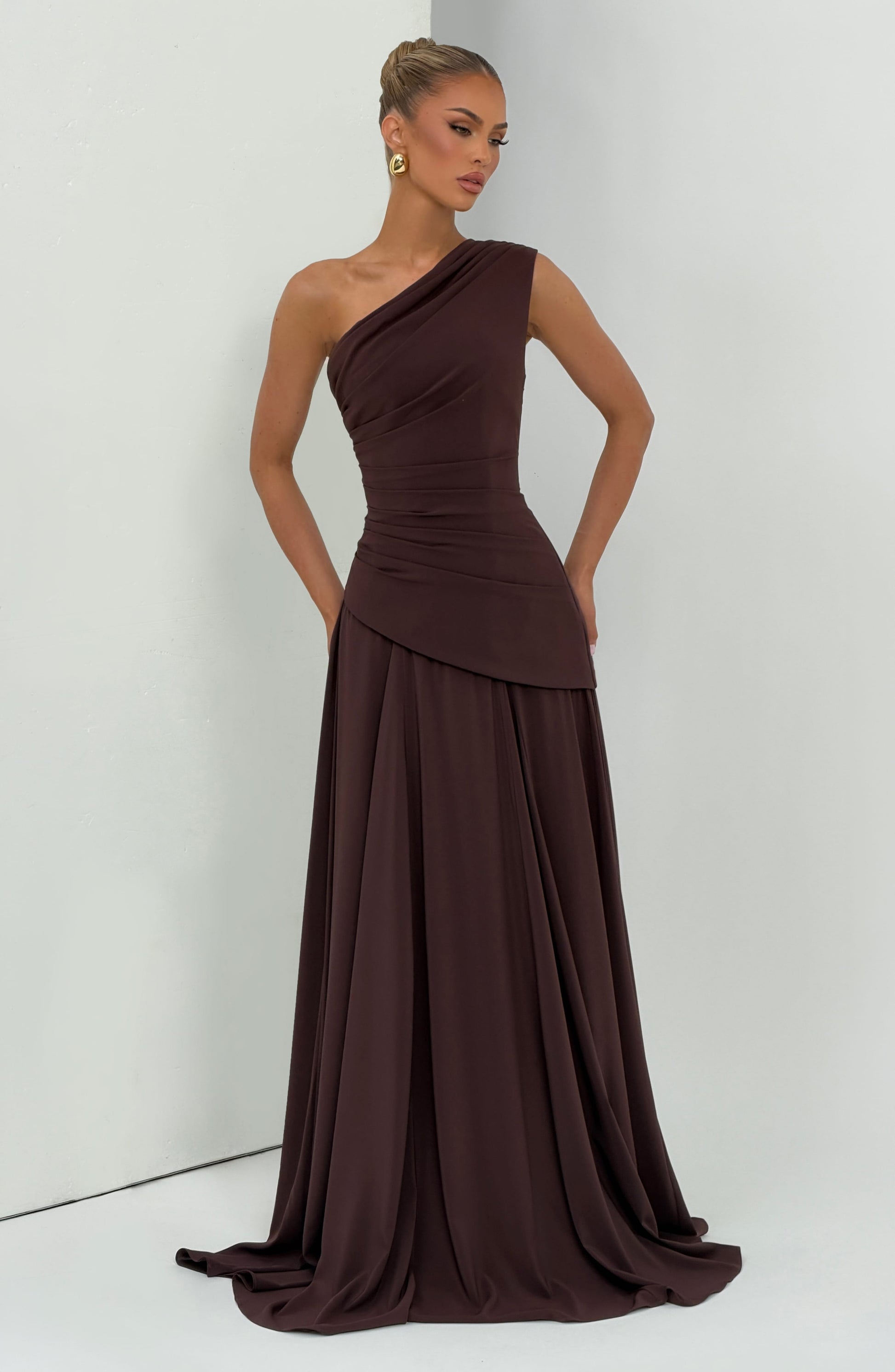 Women one shoulder maxi dress, back view