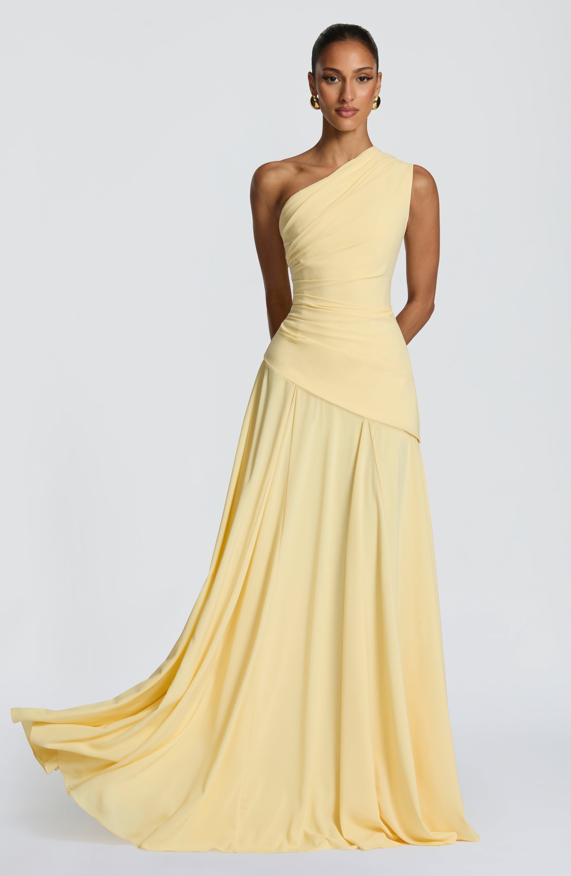 Women one shoulder maxi dress, side view