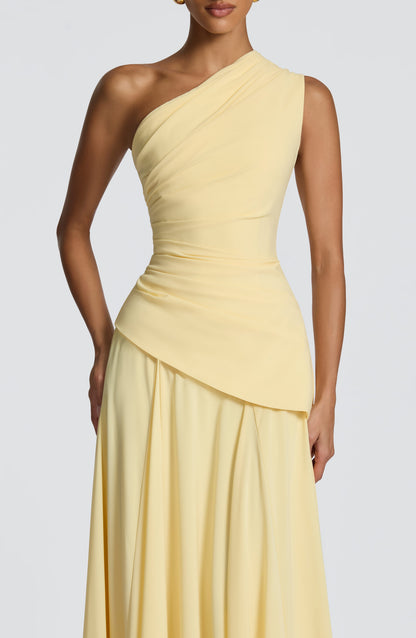 Women one shoulder maxi dress, side view