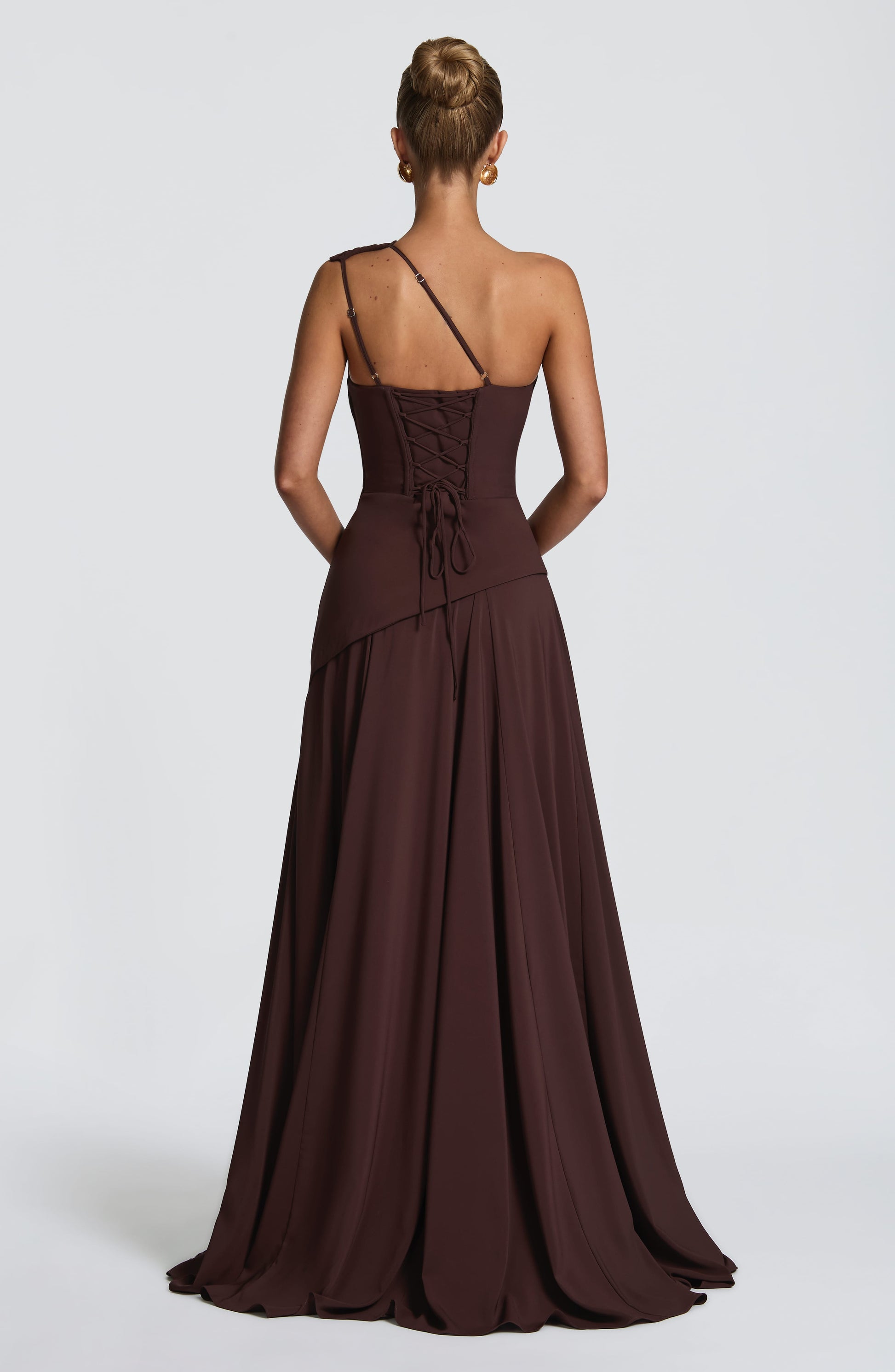 Women one shoulder maxi dress, back view