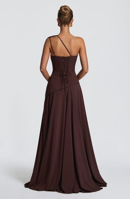 Women one shoulder maxi dress, back view