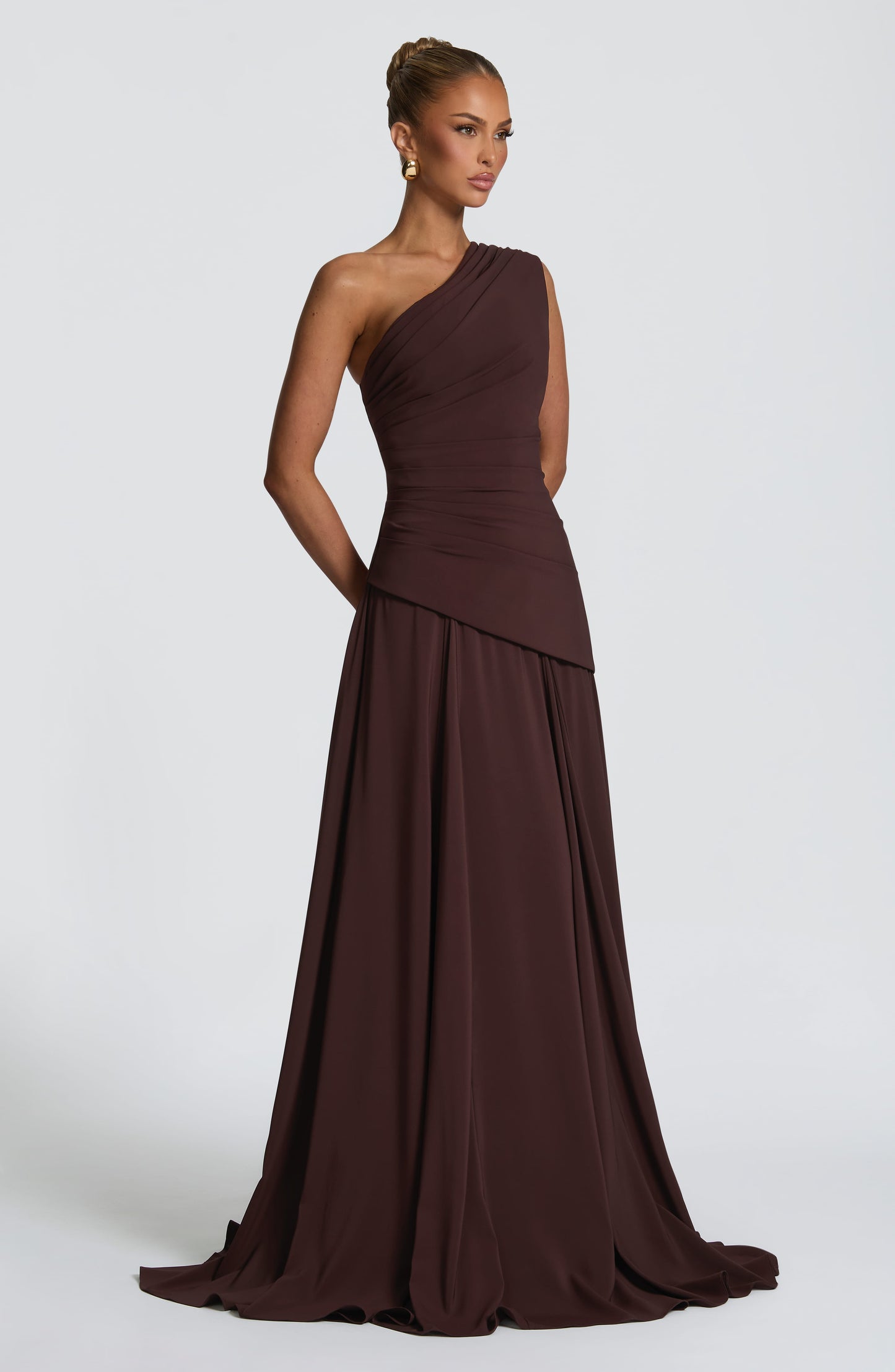 Women one shoulder maxi dress, side view