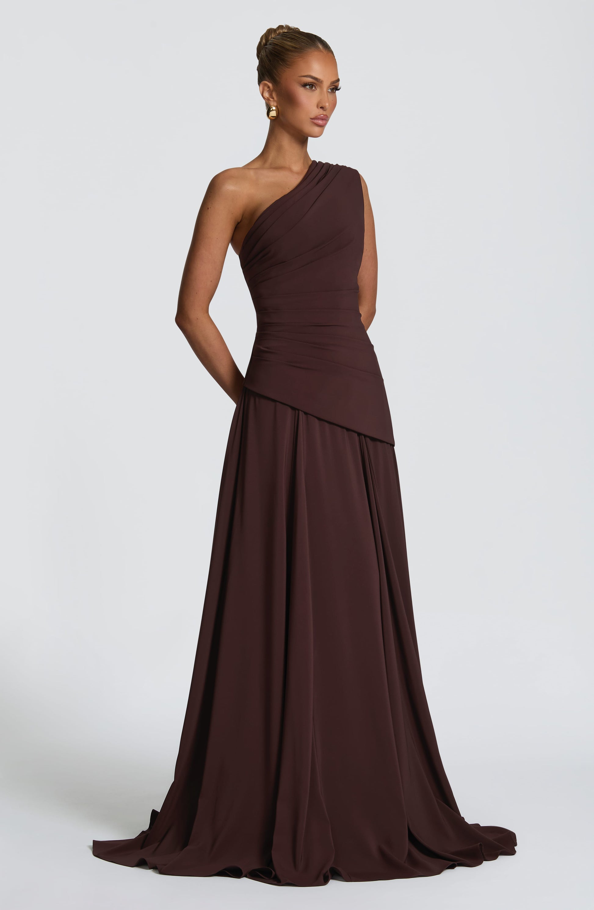 Women one shoulder maxi dress, side view