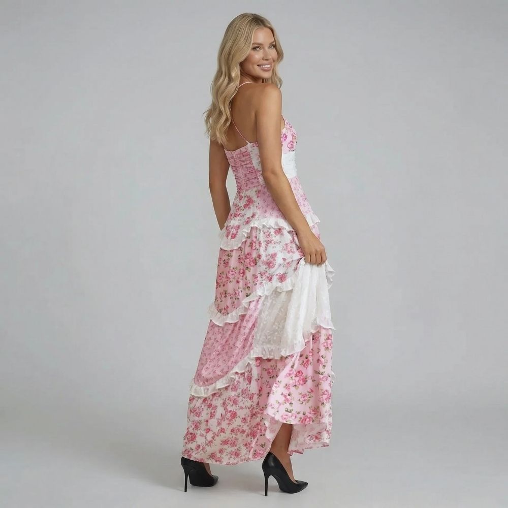 Pink floral tiered maxi dress with cross-back adjustable straps — back view showing straps and waist ruching