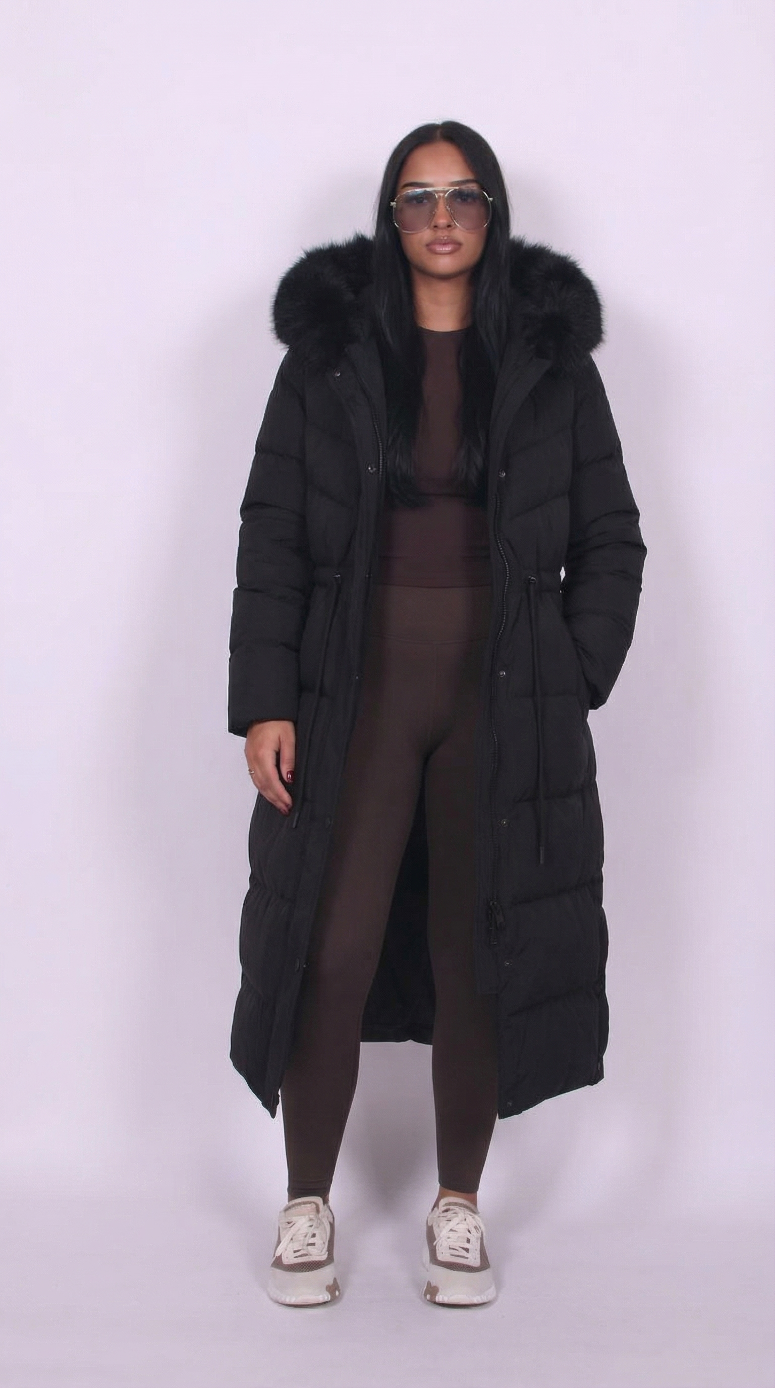 Women black hooded button coat, front view