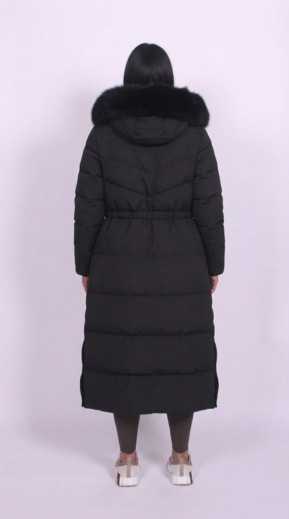 Women black hooded button coat, back view