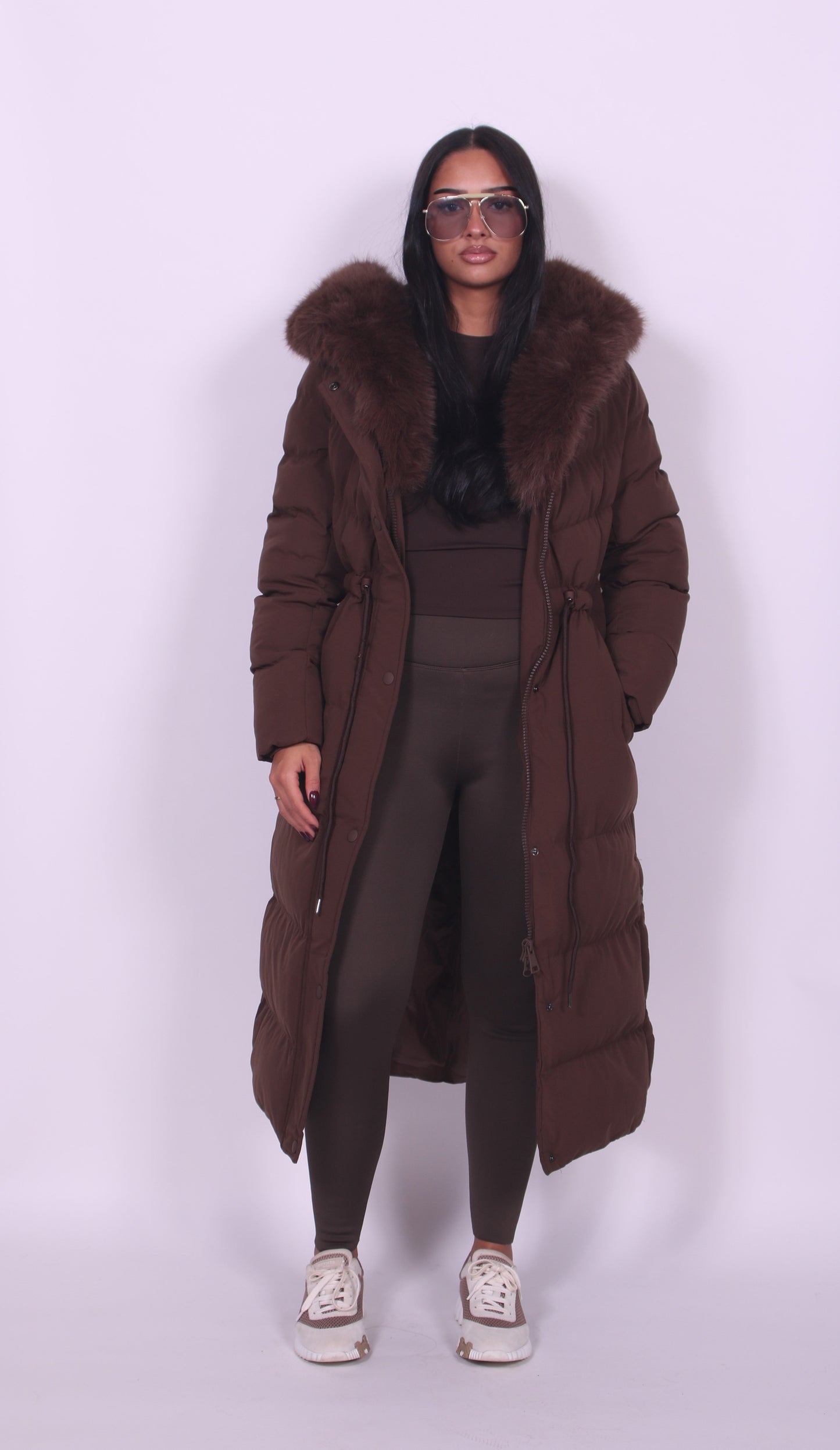 Women brown hooded button coat, front view