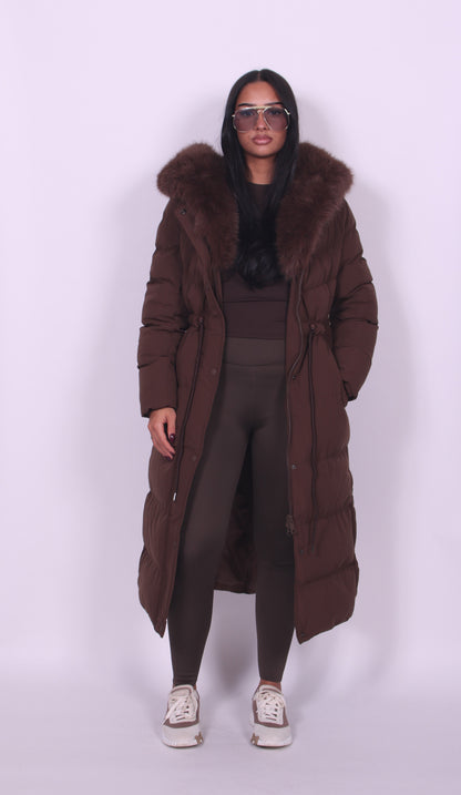 Women brown hooded button coat, front view