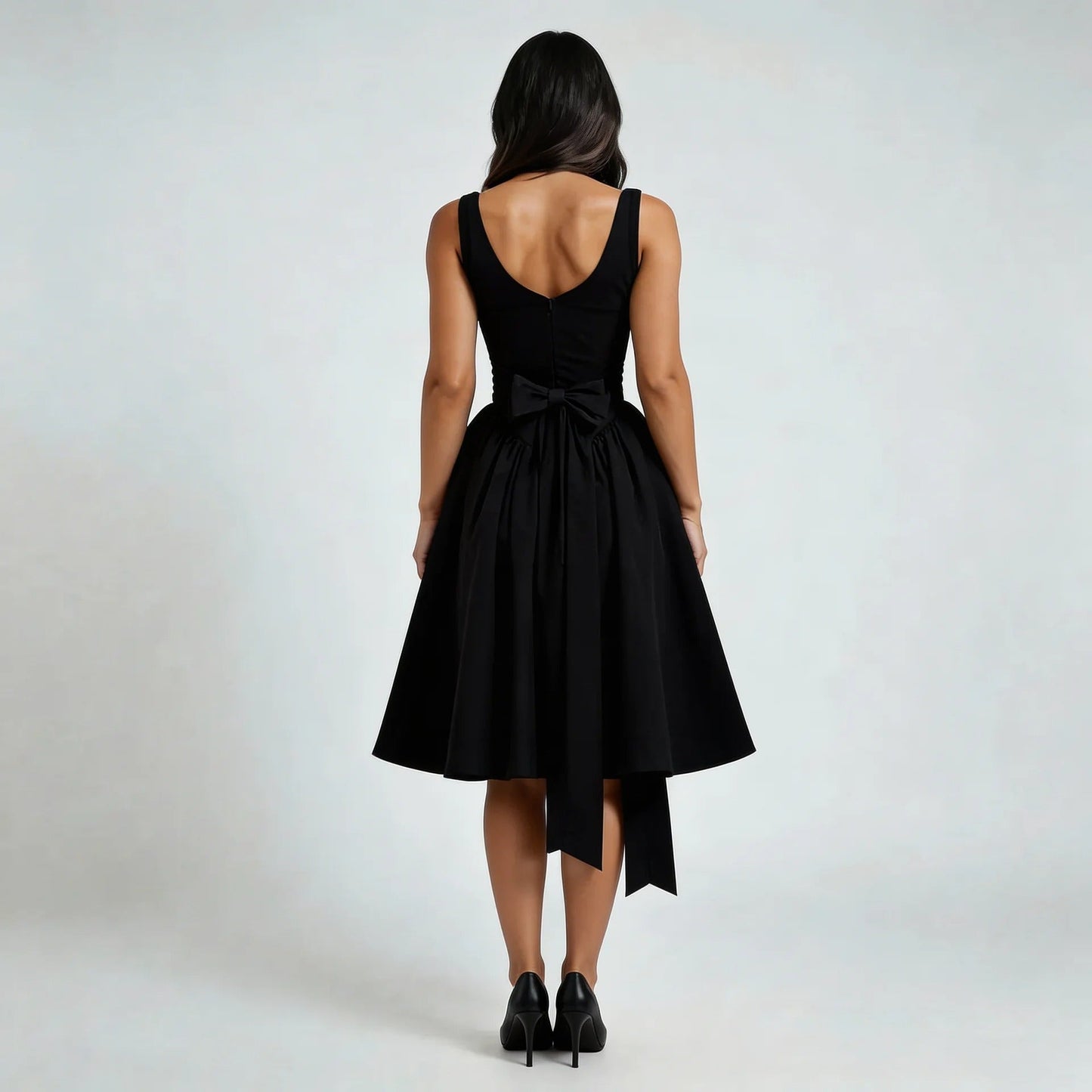 Black fit-and-flare mini dress with back bow detail — back view showing open back and flowing skirt.